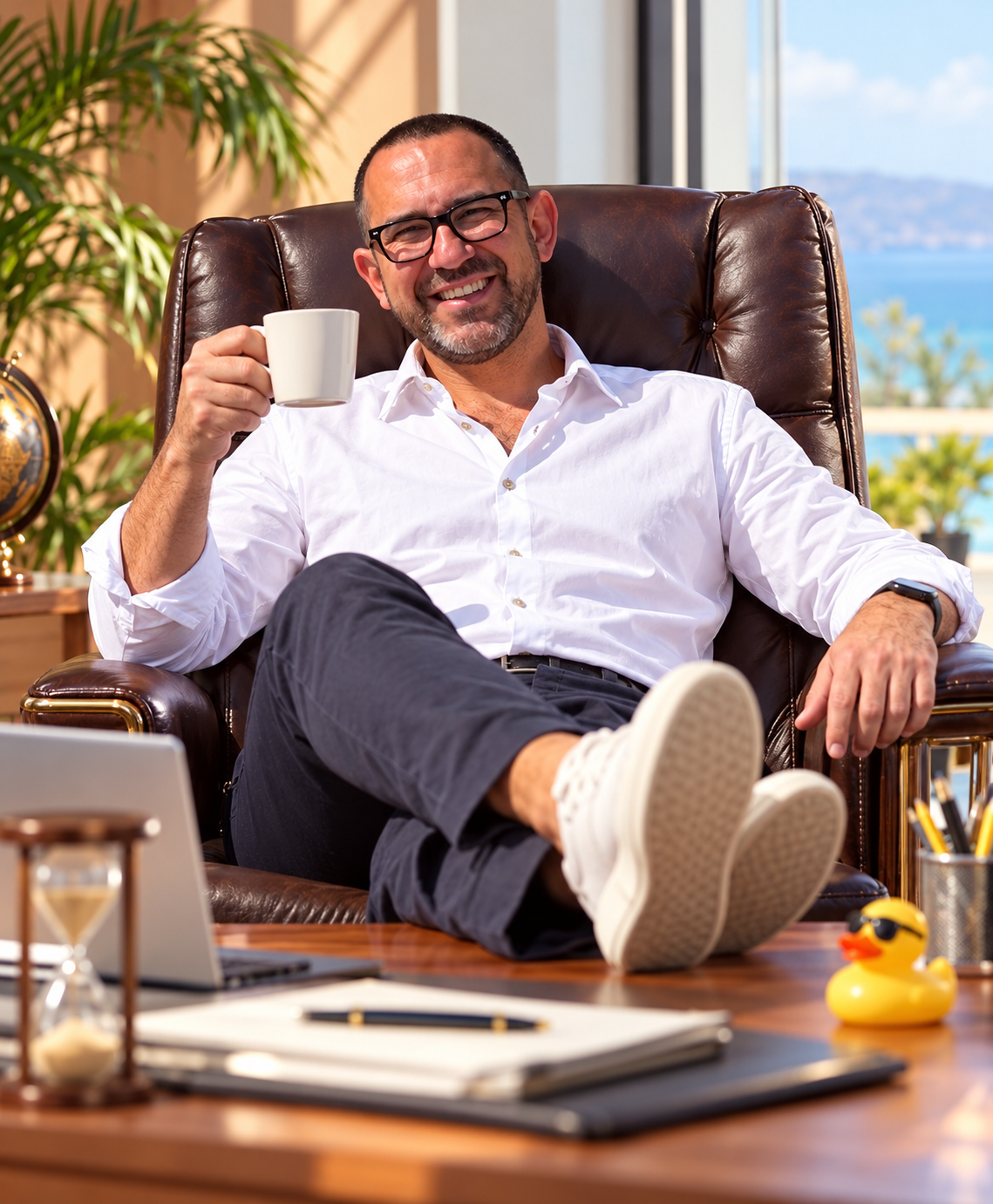 Paolo seduto in poltrona con una tazza, in modalità relax
